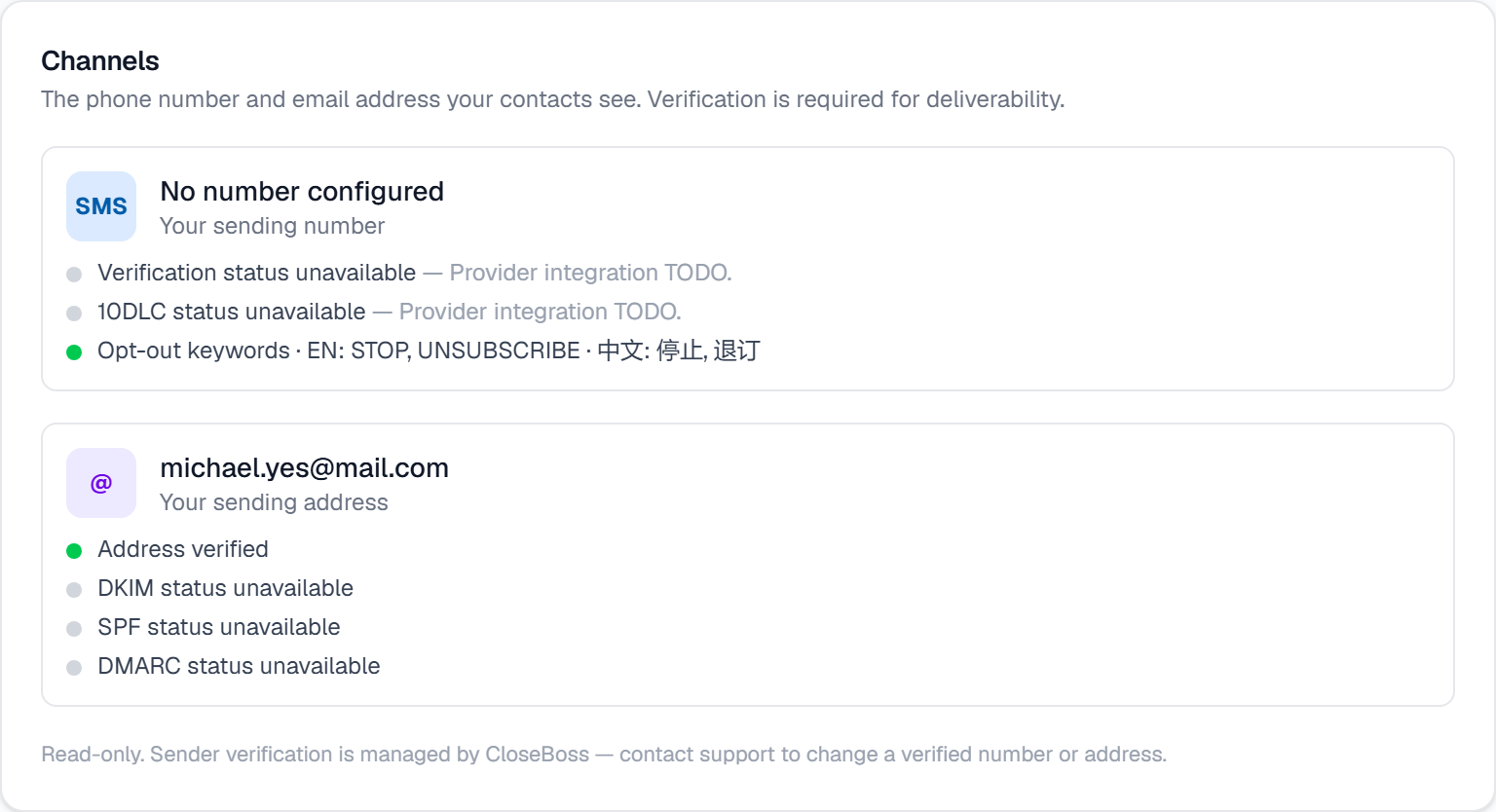 The Channels card in Settings → Channels & Compliance