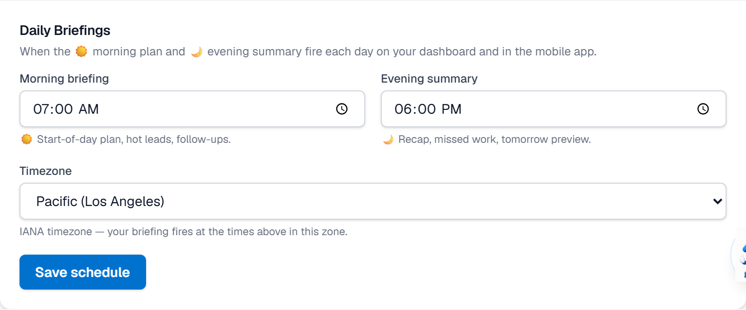 The briefing schedule: morning time, evening time and timezone