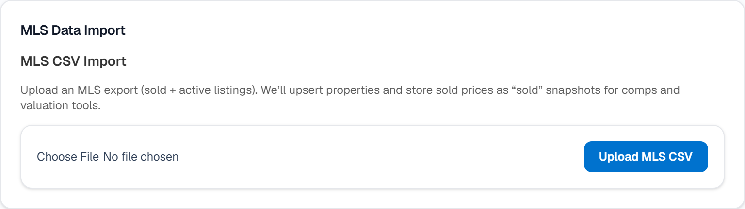 The MLS Data Import card in Settings → Data & Tools