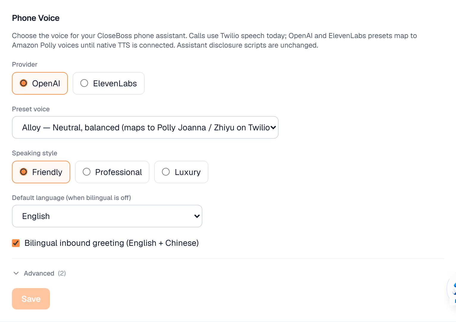 The Phone Voice card in Settings → Voice & Style