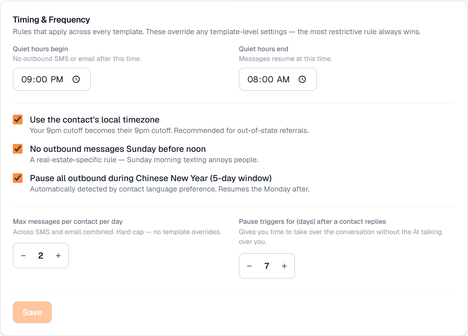 The Timing & Frequency card in Settings → Messages