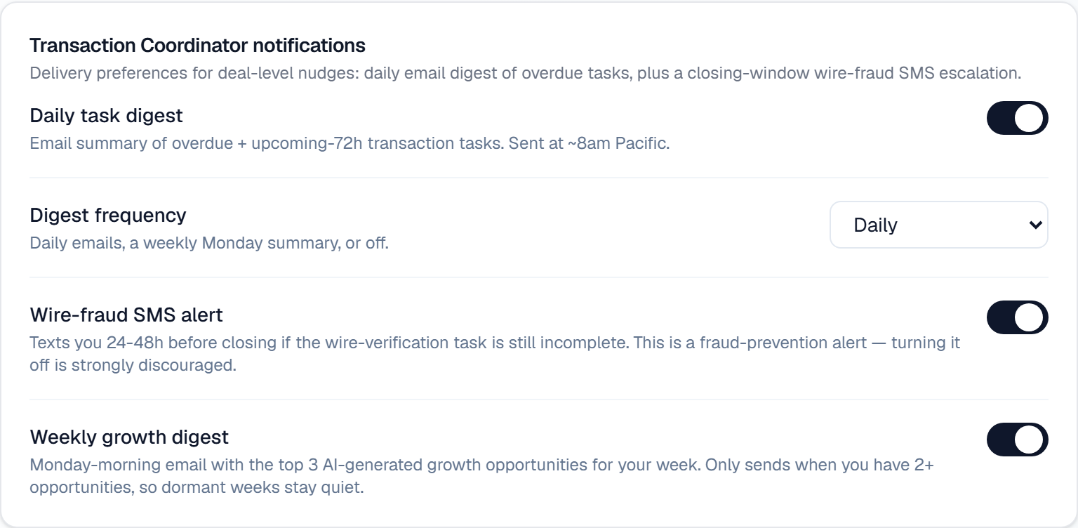 The Transaction Coordinator notifications card in Settings → Channels & Compliance